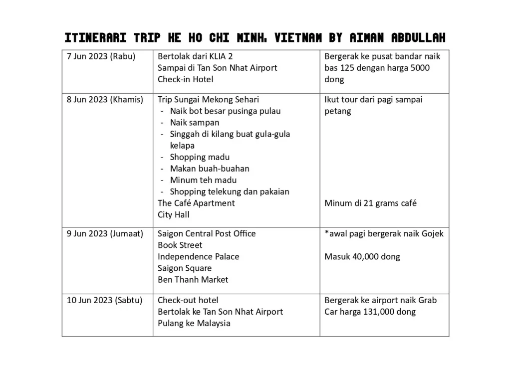 ITINERARI TRIP KE HO CHI MINH