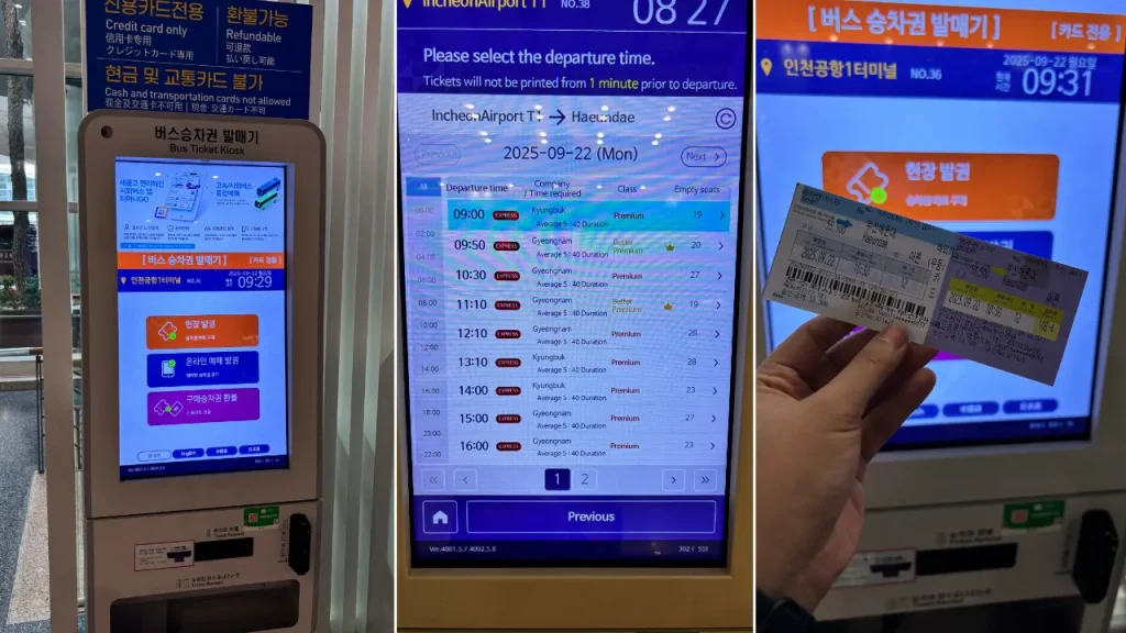 kiosk beli tiket bas incheon airport busan