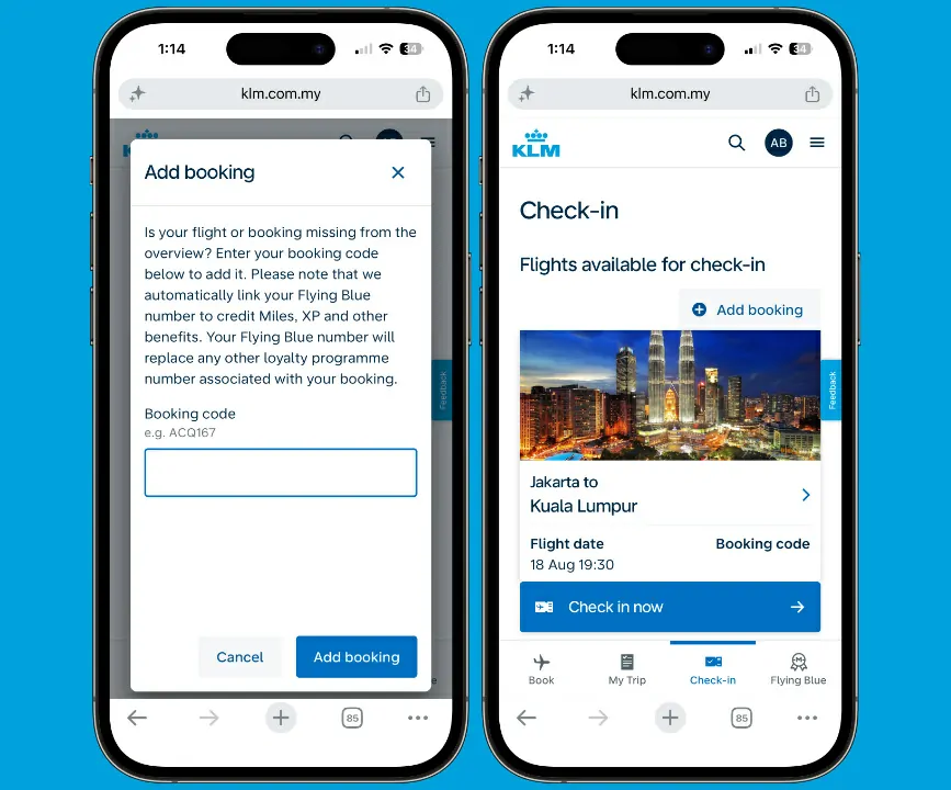 cara check-in flight KLM Royal Dutch Airlines