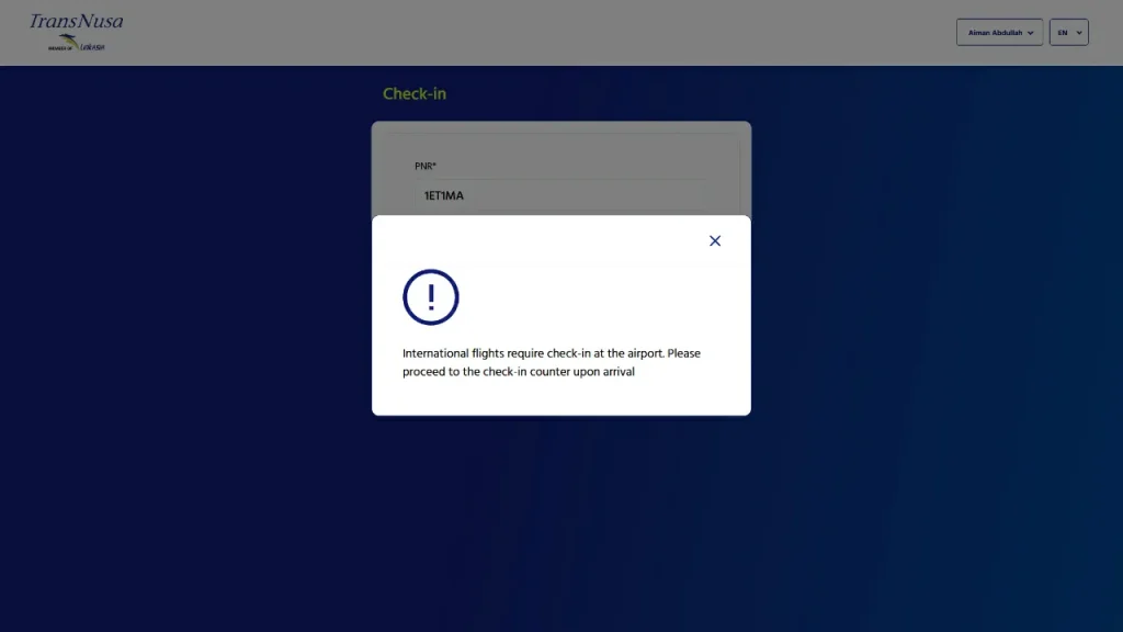 tiada check-in transnusa secara online